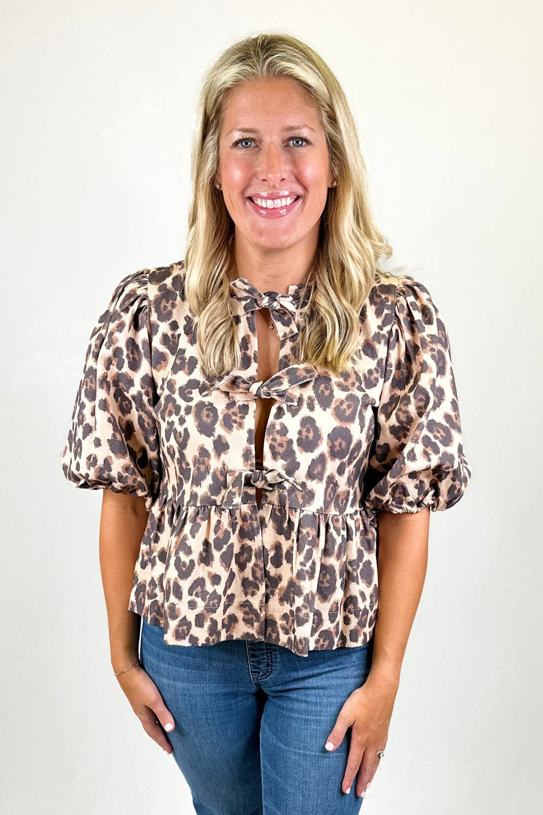 KARLIE: LEOPARD DENIM KNOT TIE TOP