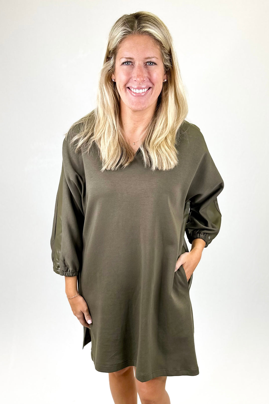 OLIVE FAUX LEATHER DETAIL COLLAR DRESS