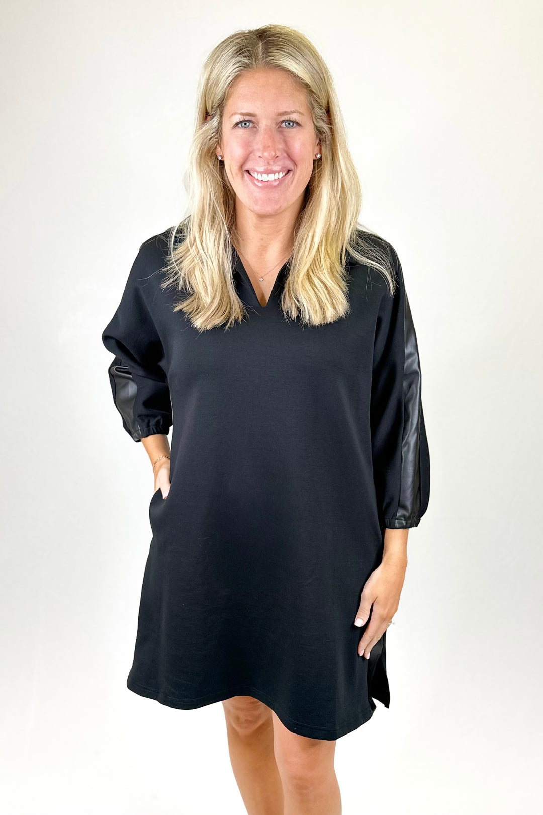 BLACK FAUX LEATHER DETAIL COLLAR DRESS