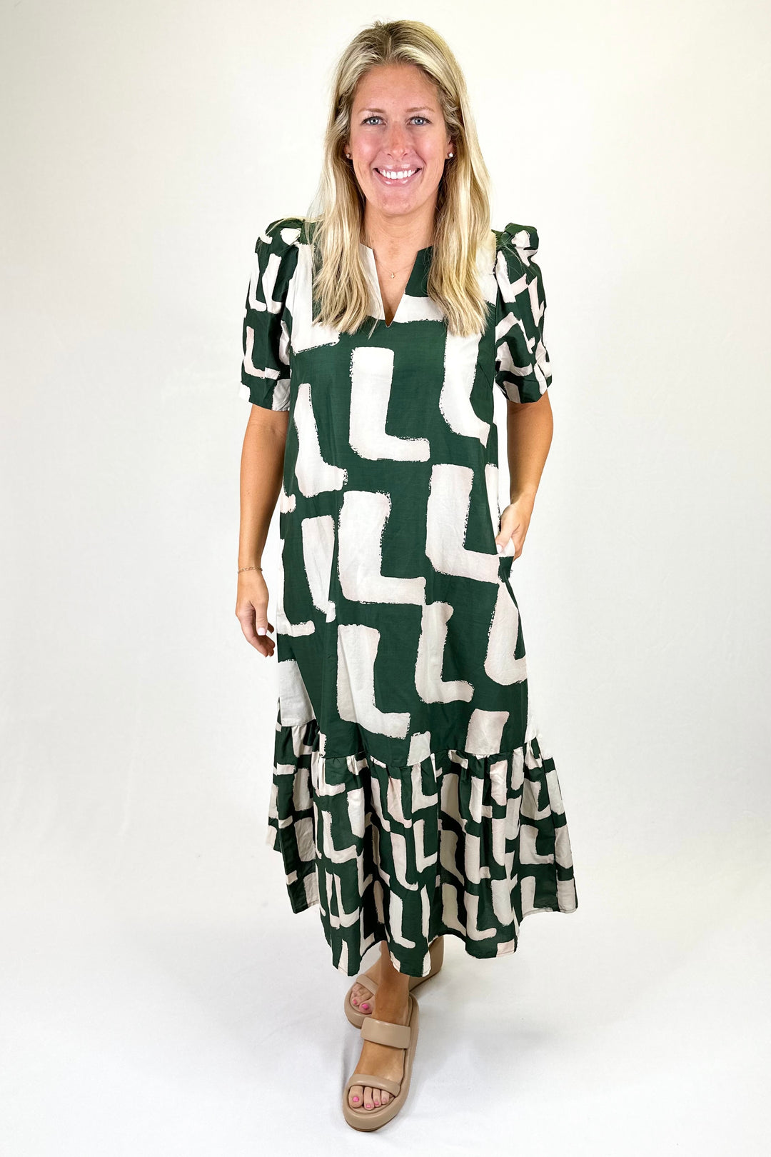 DARK GREEN ABSTRACT BLOCK MIDI DRESS