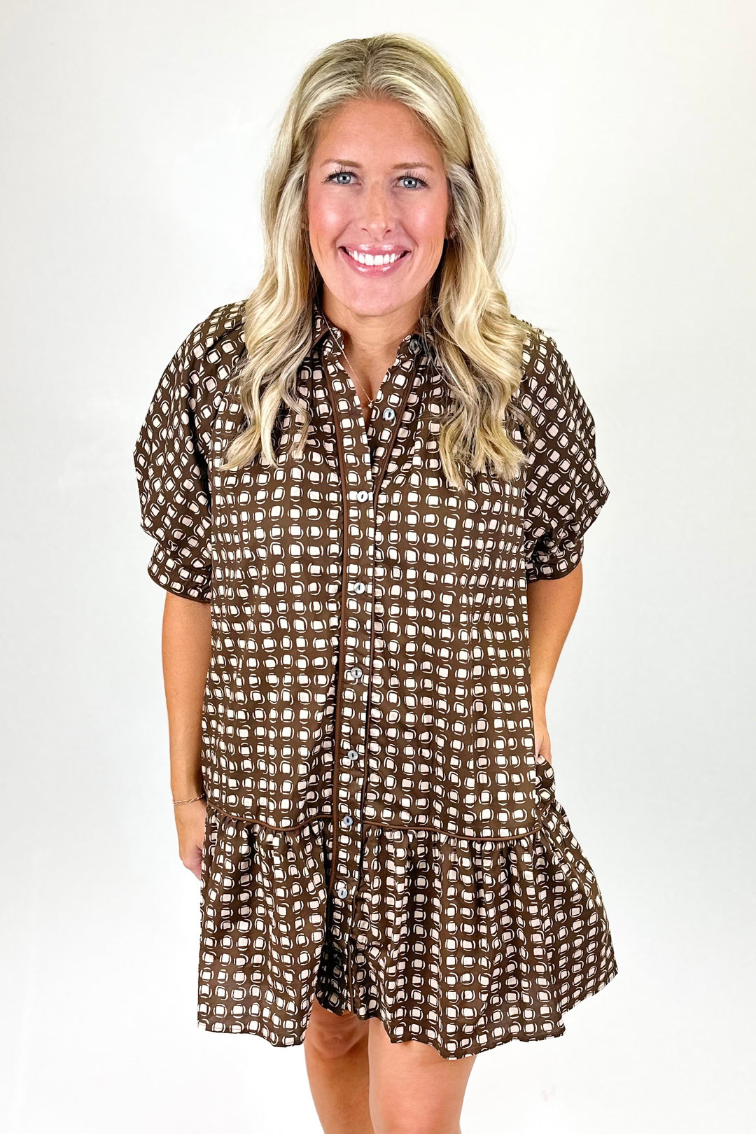 BROWN GEO POLKA DOT COLLAR DRESS