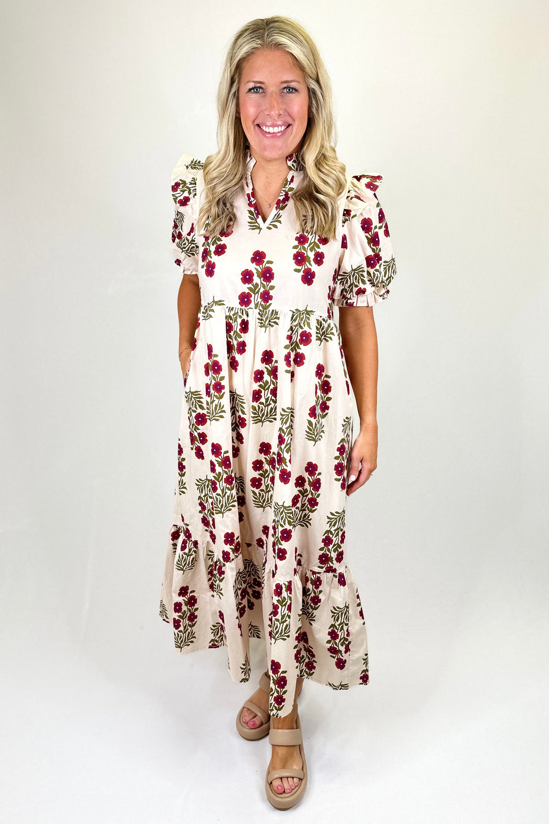 BURGUNDY FLORAL BLOCK PRINT VNECK MIDI DRESS