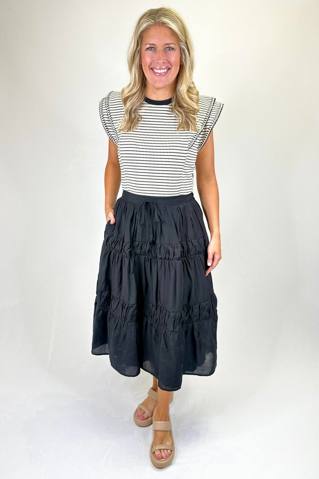 CREAM & BLACK STRIPE KNIT MIDI DRESS