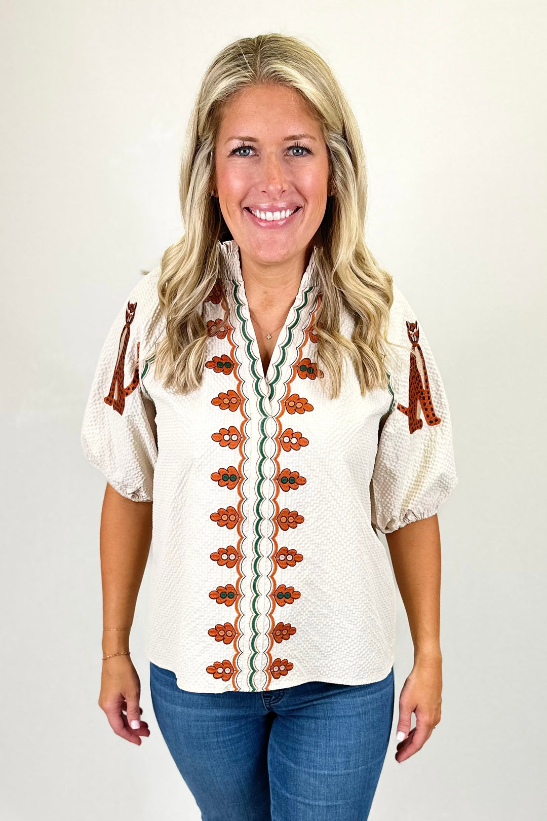 CREAM & RUST GREEN LEOPARD EMBROIDERED TOP