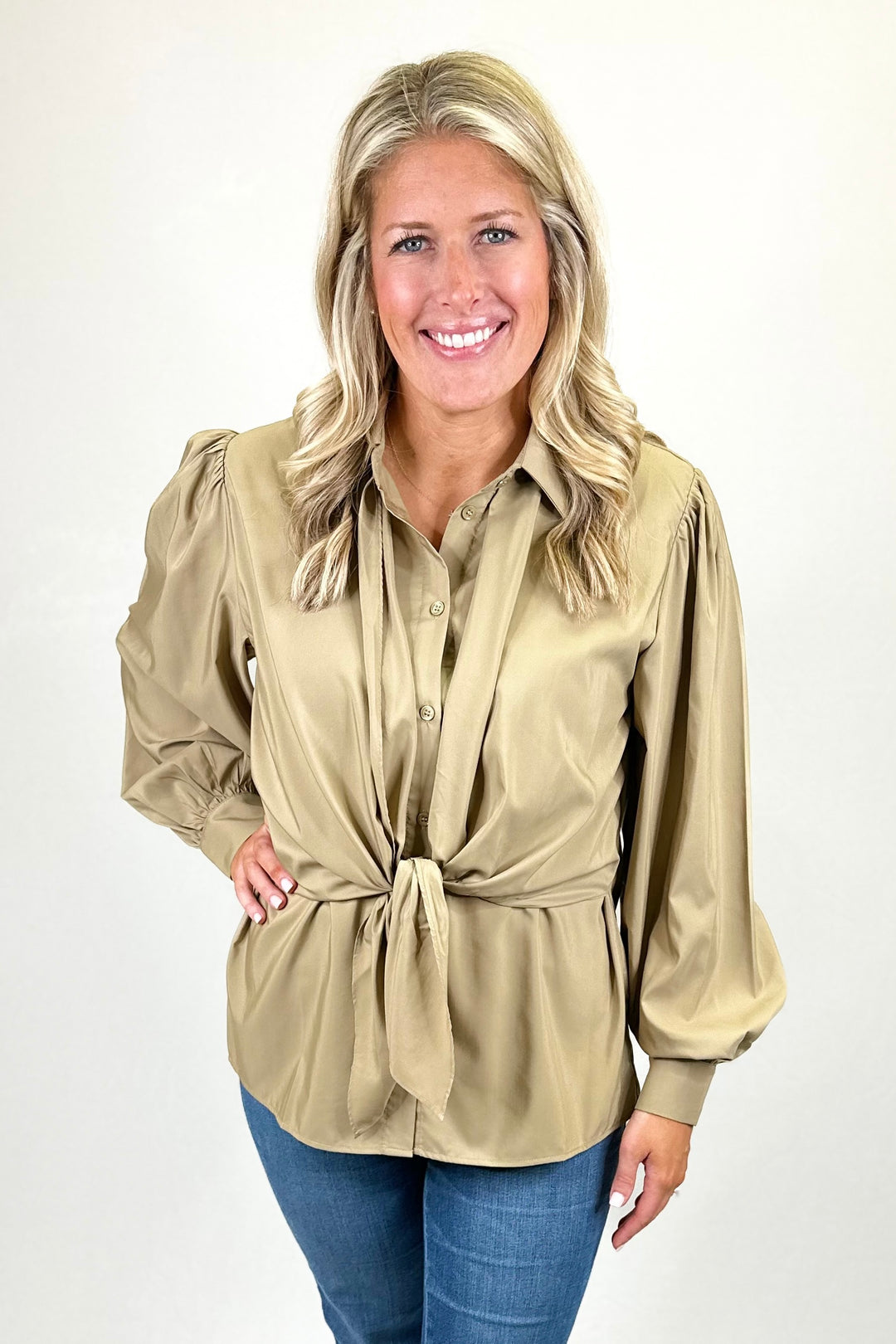 TAUPE TIE WAIST BUTTON COLLAR TOP