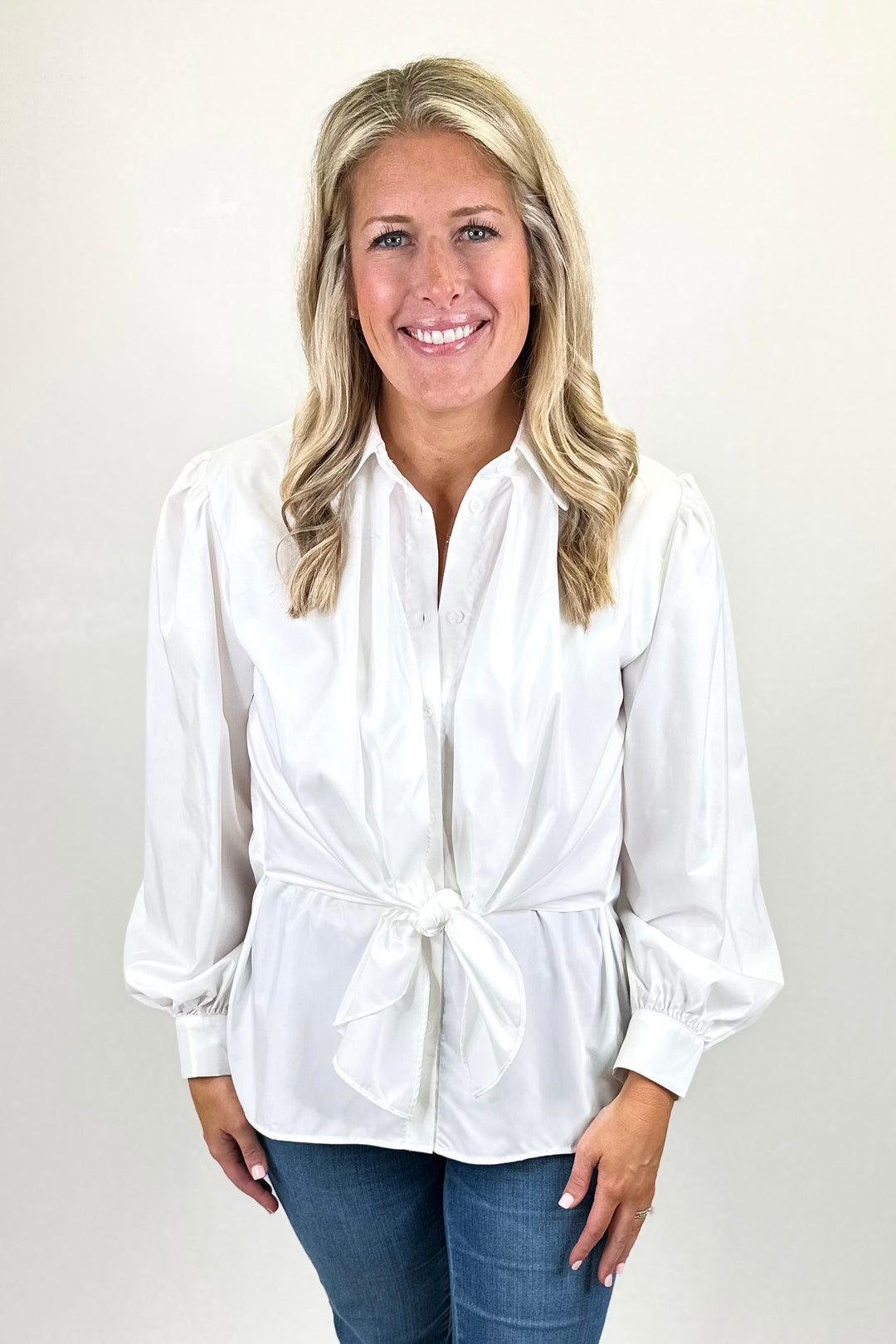 WHITE TIE WAIST BUTTON COLLAR TOP