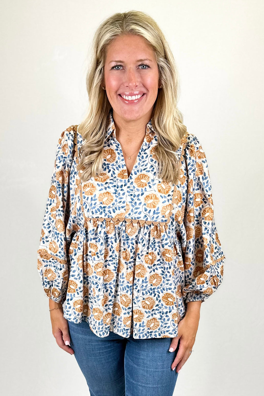 MUSTARD & BLUE FLORAL PRINT BALLOON SLEEVE TOP