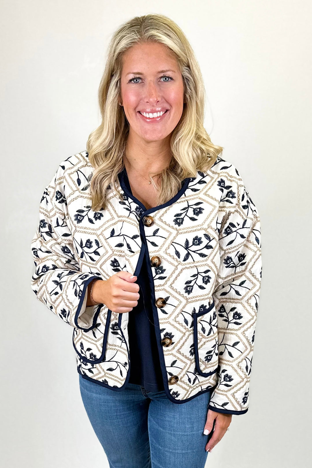 CREAM & NAVY EMBROIDERED JACKET