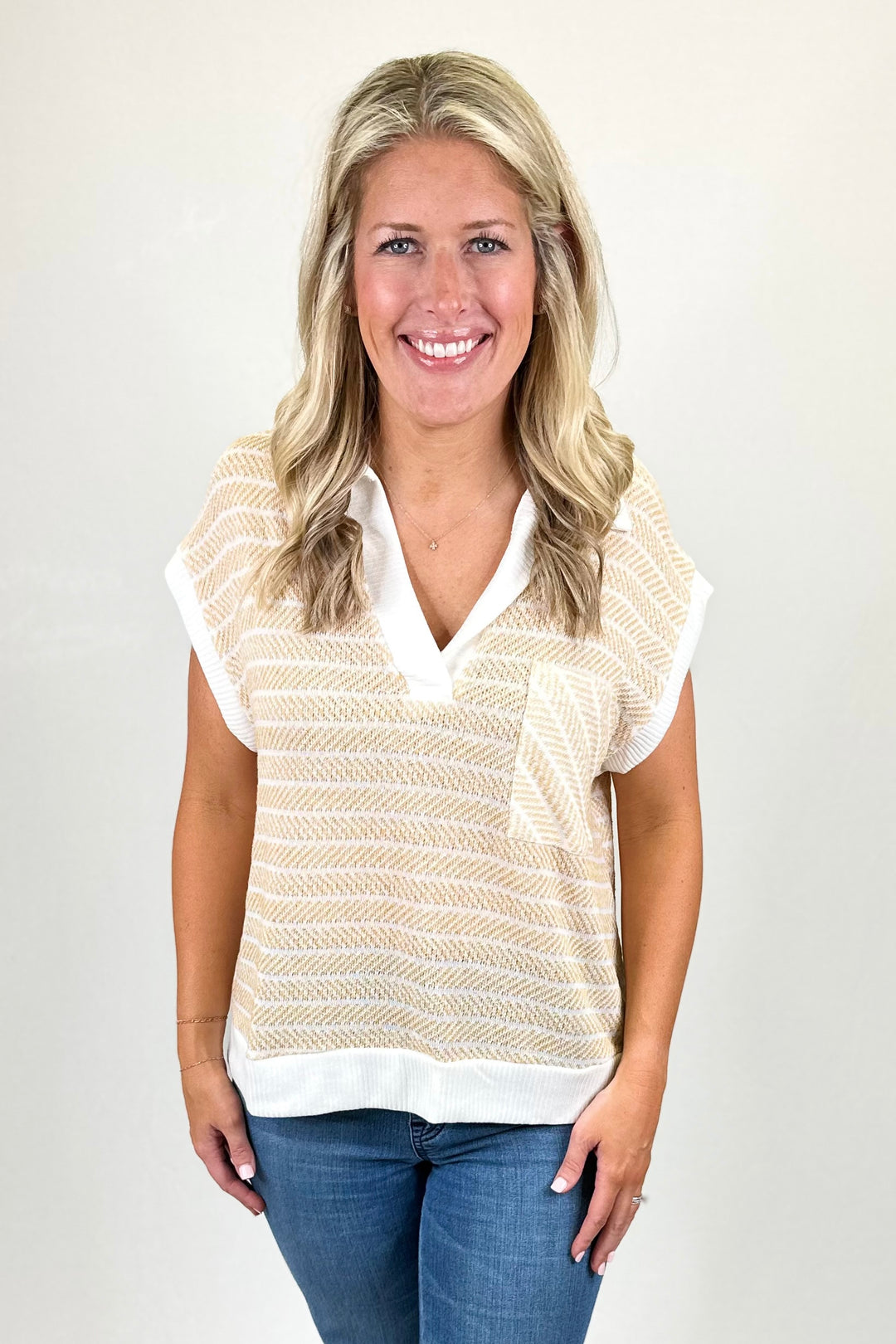 MUSTARD & IVORY PATTERN STRIPE COLLARED TOP