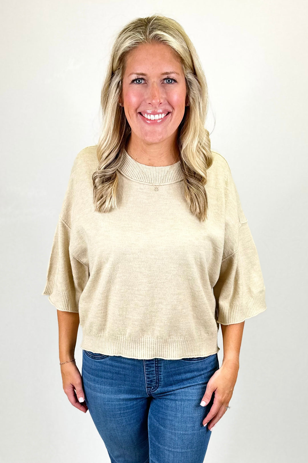 OATMEAL 3/4 SLEEVE SWEATER