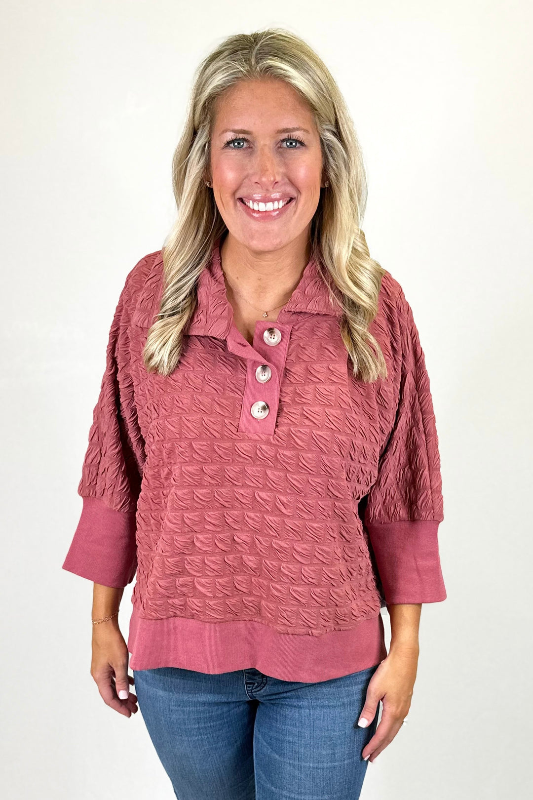 MAUVE QUILTED BUTTON COLLAR PULLOVER