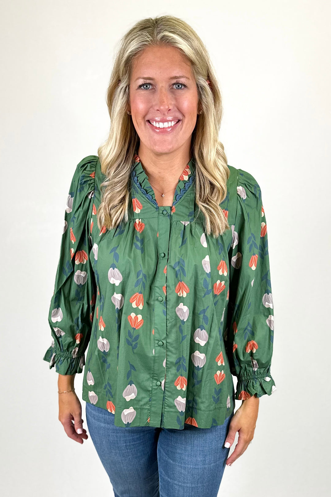 GREEN FLORAL PLEATED RUFFLE TRIM TOP