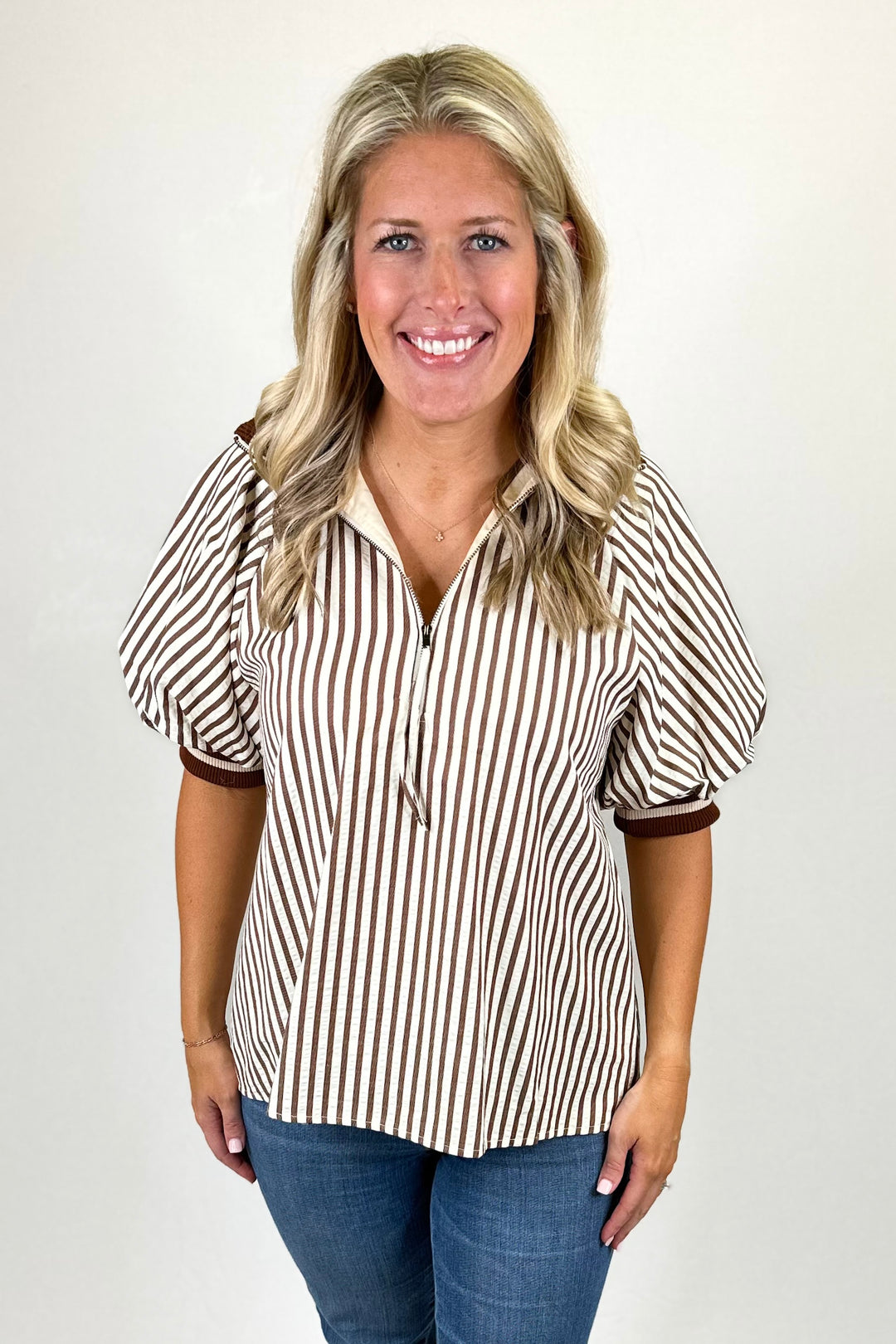 BROWN STRIPE ZIP FRONT TOP