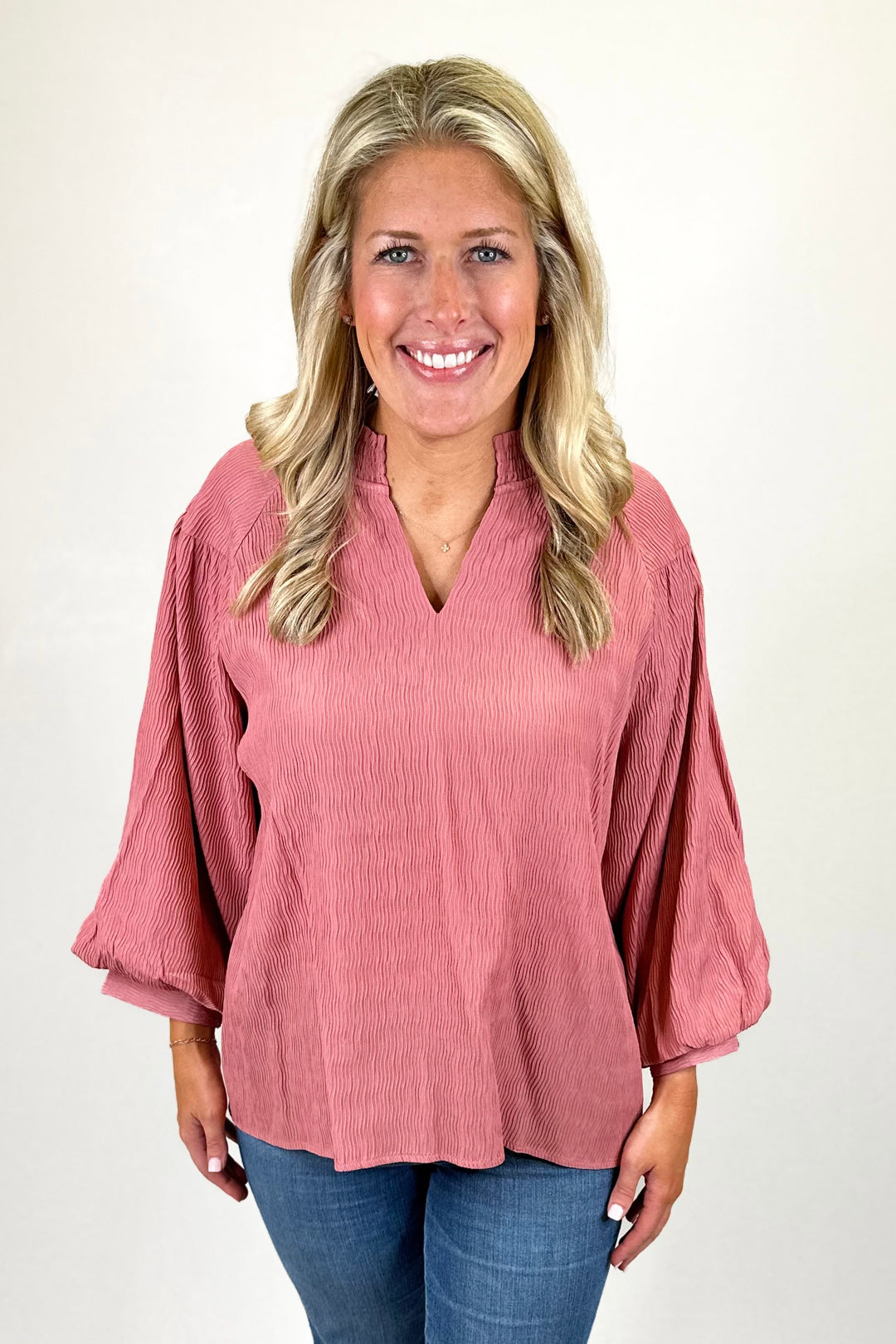 DUSTY PINK TEXTURED BALLOON SLEEVE TOP