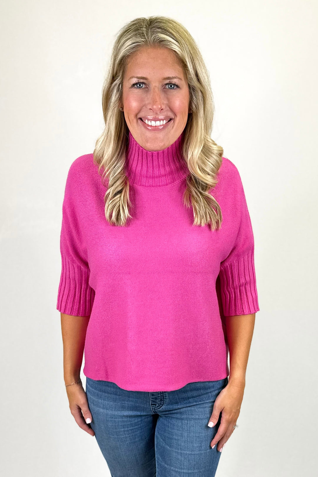 FUCHSIA RIBBED EDGE SHORT SLEEVE SWEATER