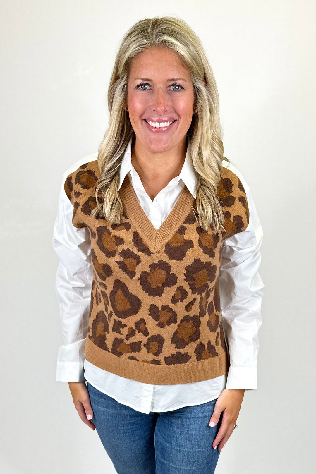 LEOPARD SWEATER VEST LAYERED TOP