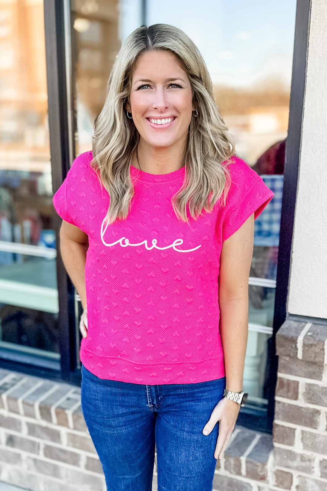 HOT PINK TEXTURED LOVE EMBROIDERED TOP