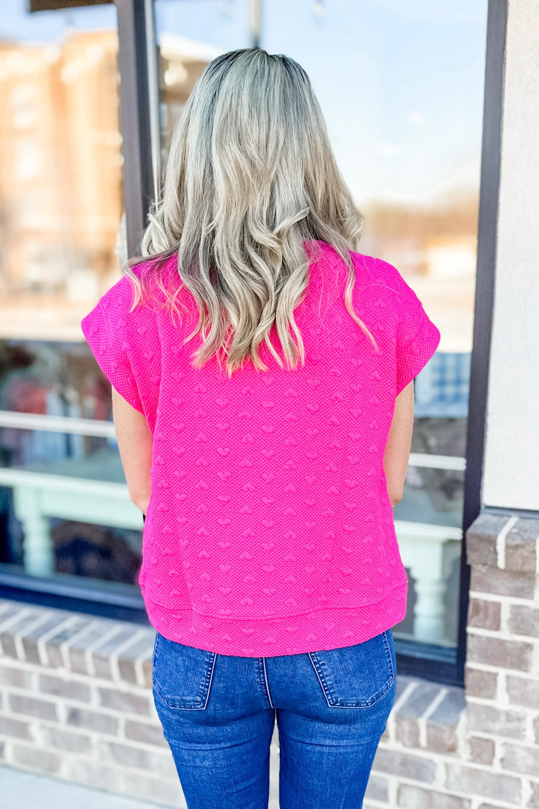 HOT PINK TEXTURED LOVE EMBROIDERED TOP