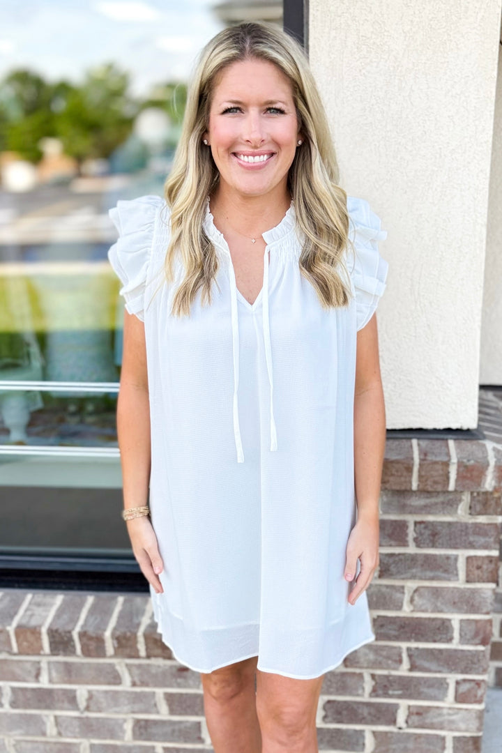 WHITE SMOCKED NECK FLUTTER SLEEVE DRESS