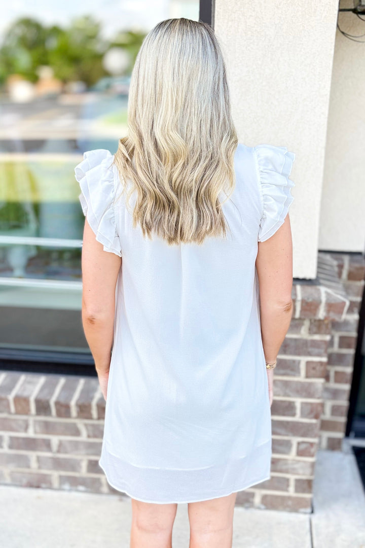 WHITE SMOCKED NECK FLUTTER SLEEVE DRESS