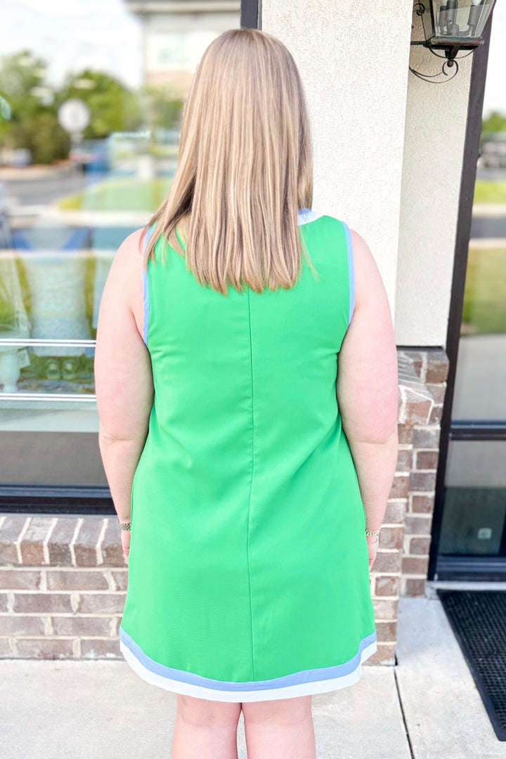 GREEN STRIPE EDGE SQUARE NECK DRESS