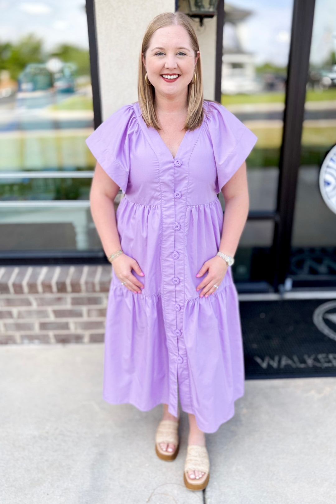 LAVENDER ANGLED SLEEVE BUTTON VNECK MIDI DRESS