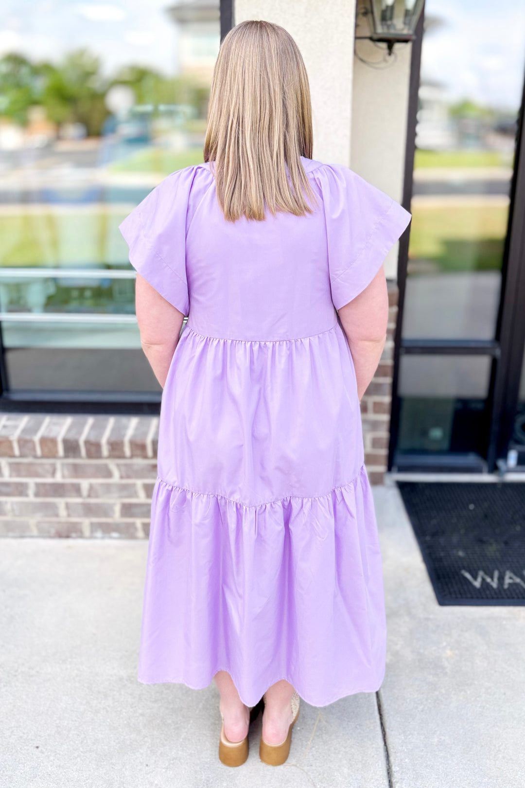 LAVENDER ANGLED SLEEVE BUTTON VNECK MIDI DRESS