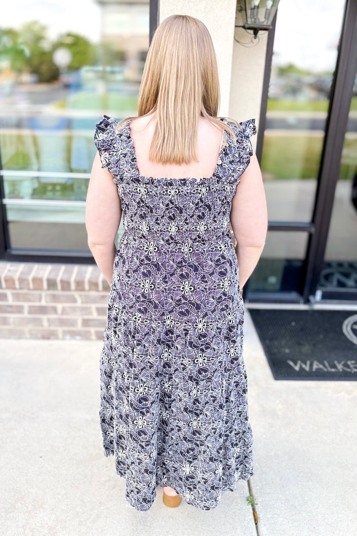 NAVY EYELET SMOCKED MIDI DRESS