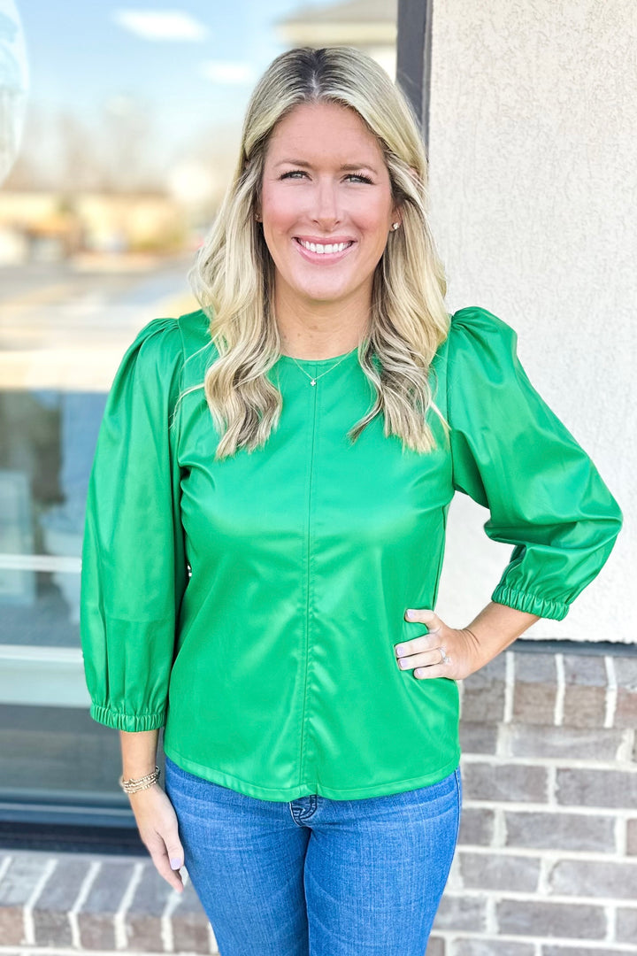 GREEN FAUX LEATHER PUFF SLEEVE TOP