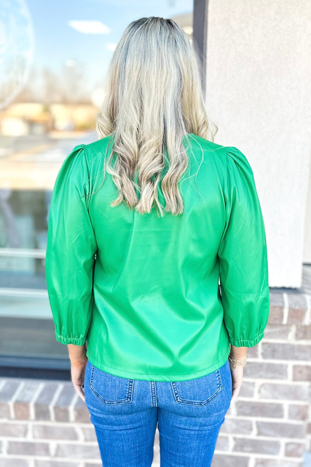 GREEN FAUX LEATHER PUFF SLEEVE TOP