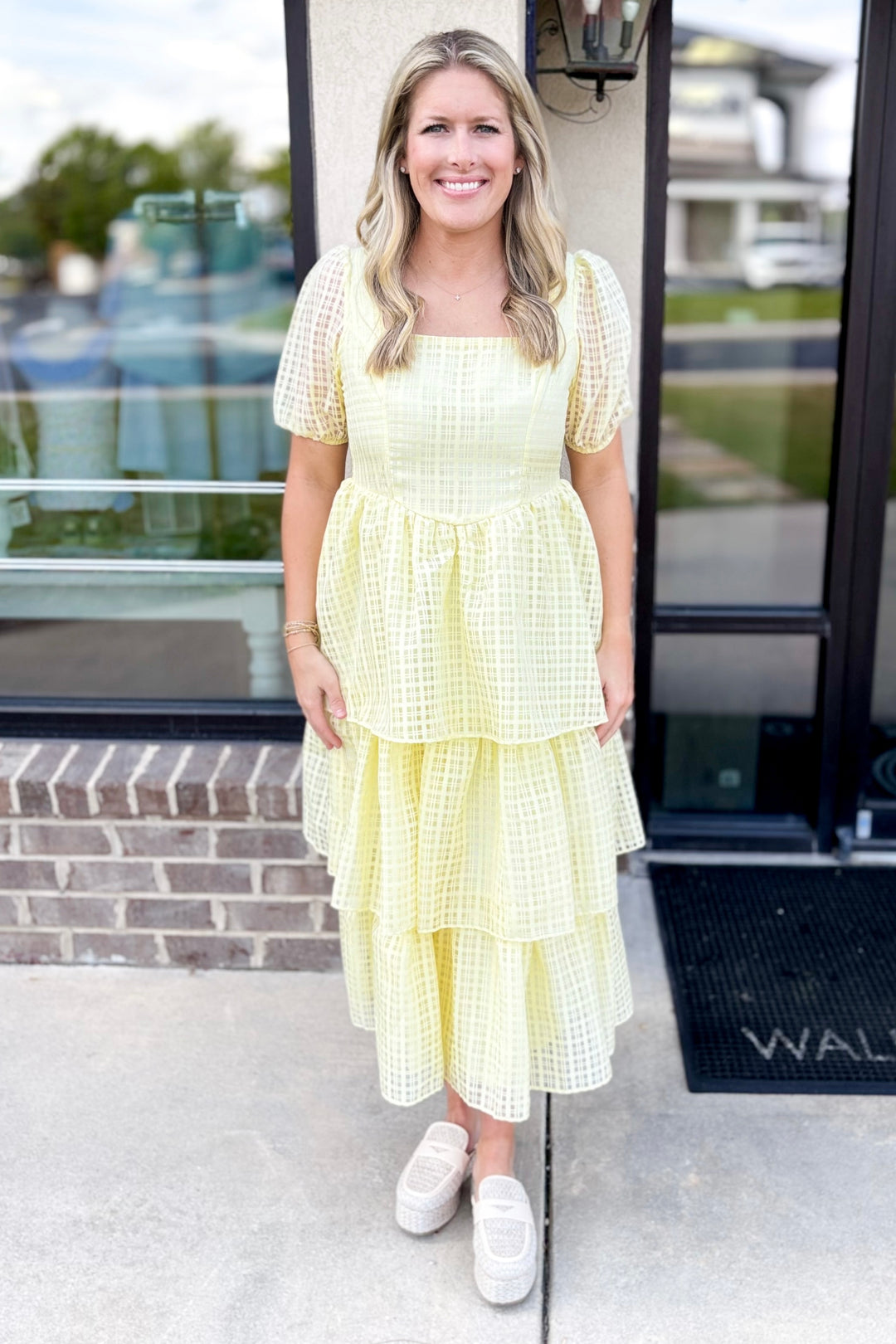 YELLOW PLAID CHIFFON TIERED MAXI DRESS