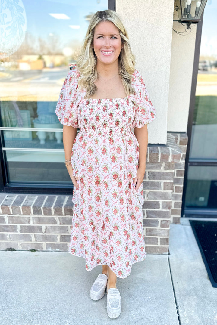 PINK BOW FLORAL PATTERN SMOCKED TIERED MAXI DRESS