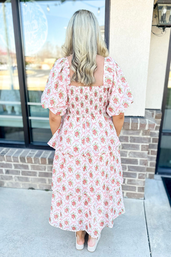 PINK BOW FLORAL PATTERN SMOCKED TIERED MAXI DRESS