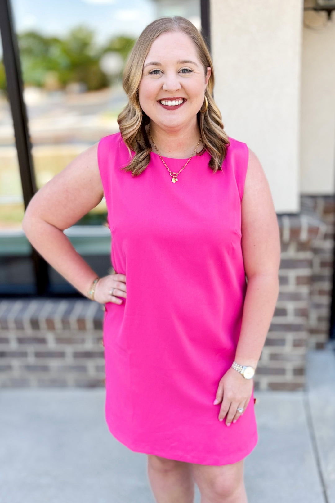 PINK SLEEVELESS GOLD SIDE BUTTON DRESS