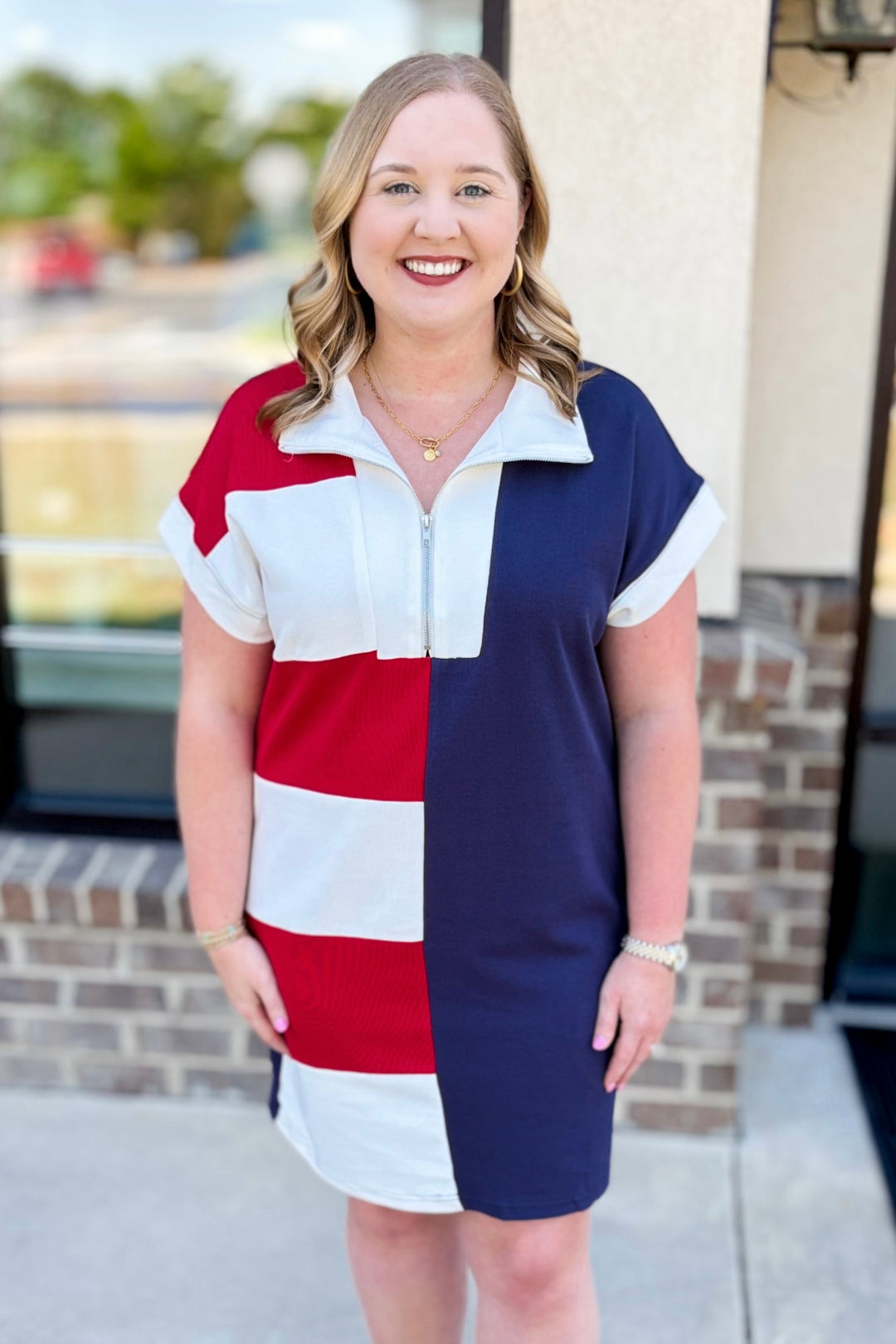 NAVY & RED COLOR BLOCK ZIP FRONT DRESS