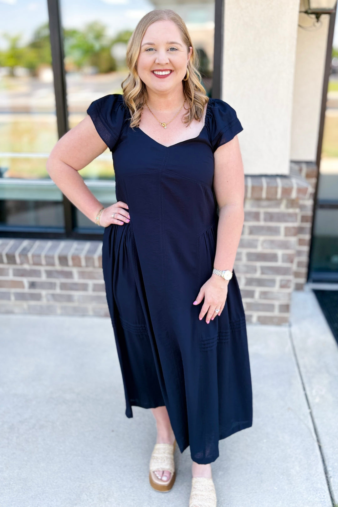 NAVY FLUTTER STRAP MIDI DRESS