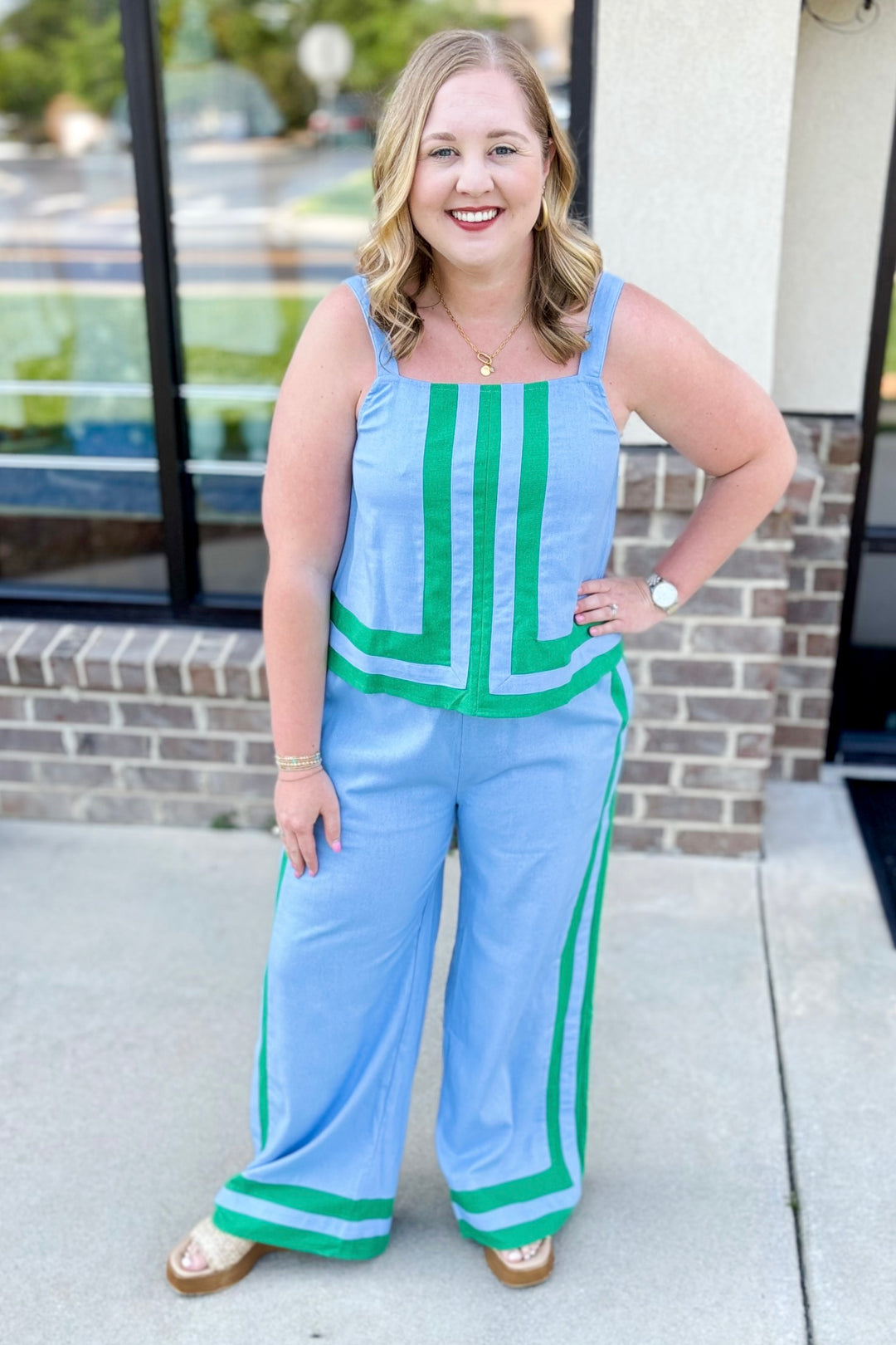 BLUE & GREEN COLOR BLOCK PANT SET