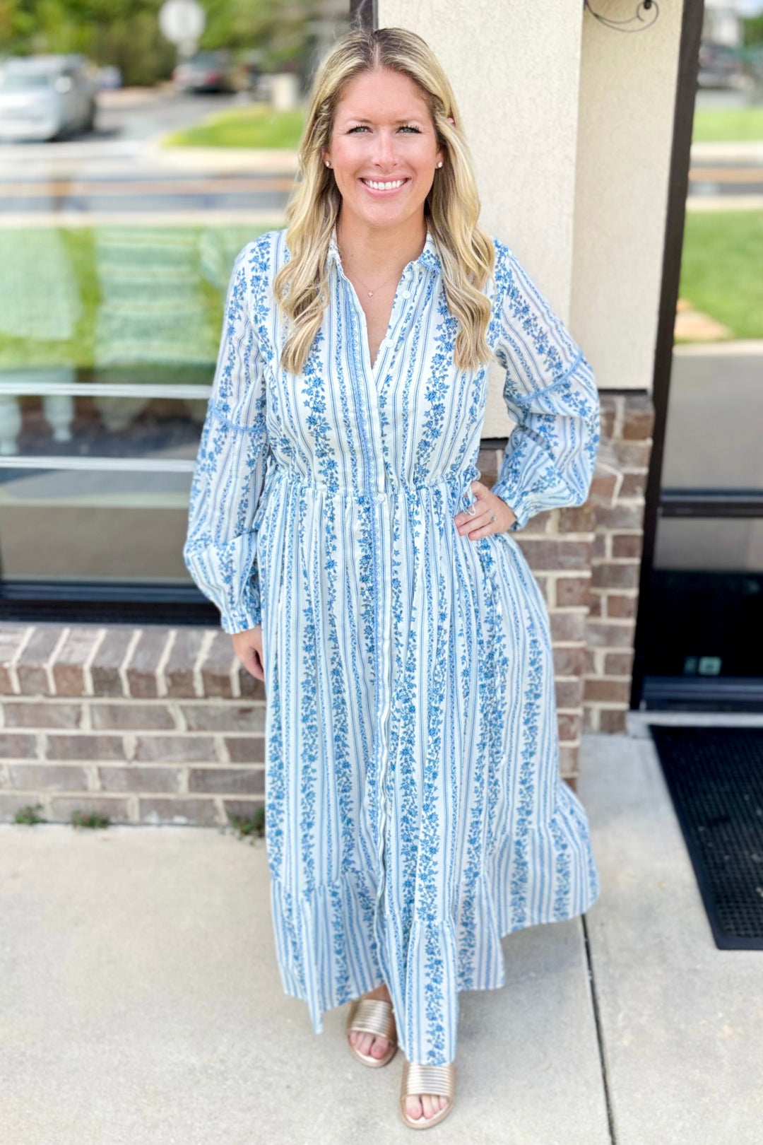 BLUE & WHITE LACE TRIM BUTTON DOWN MIDI DRESS