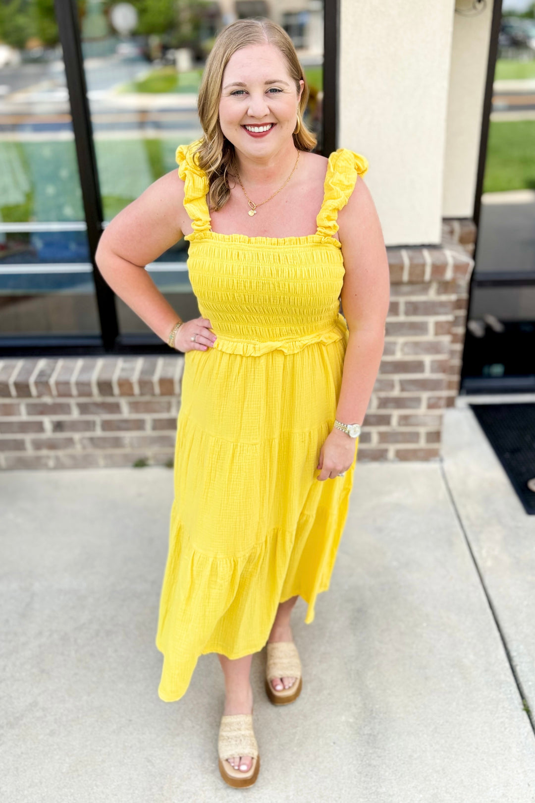 YELLOW SMOCKED WAIST TIERED MIDI DRESS