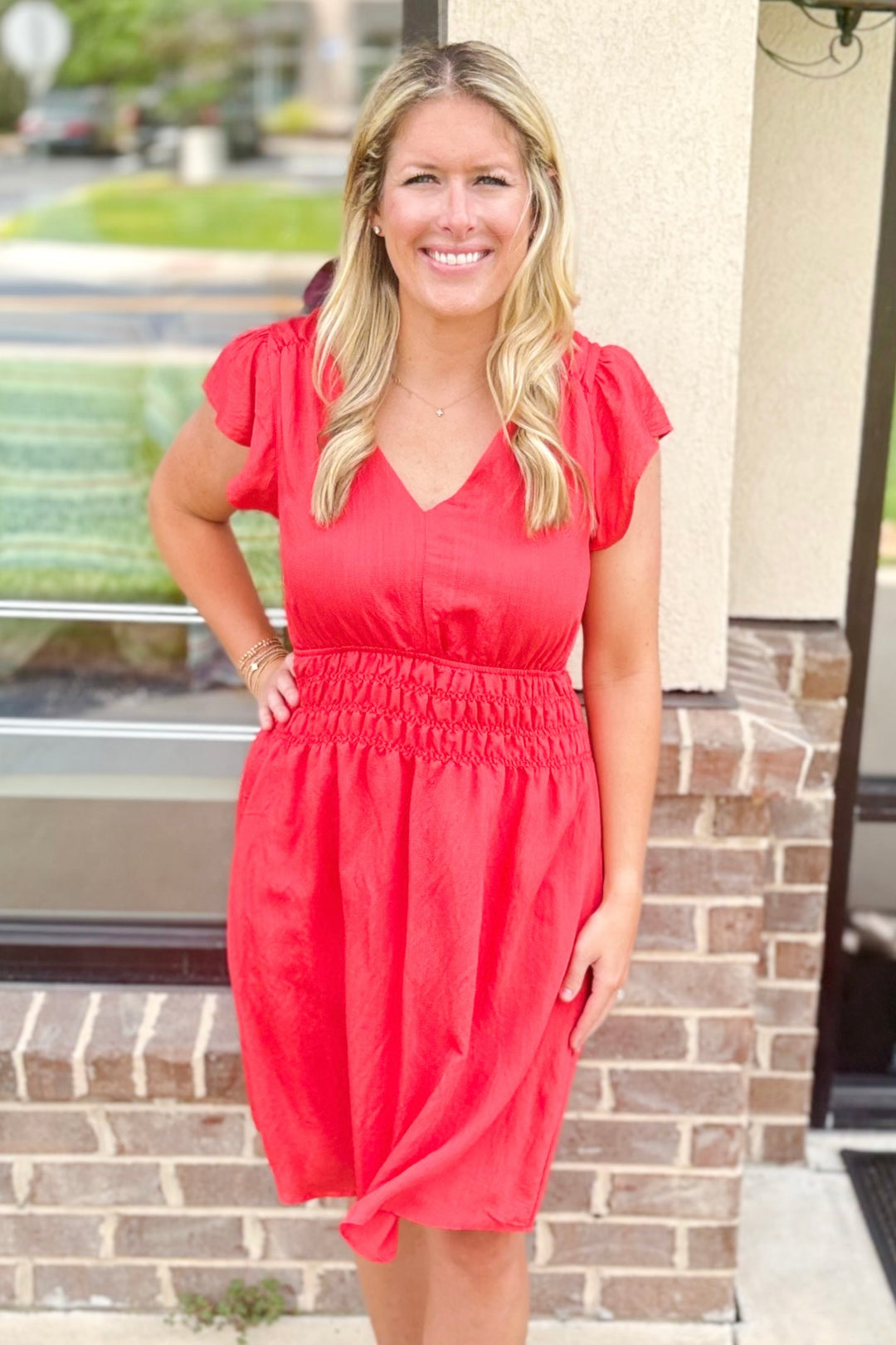 RED VNECK RUFFLE SMOCKED WAIST DRESS