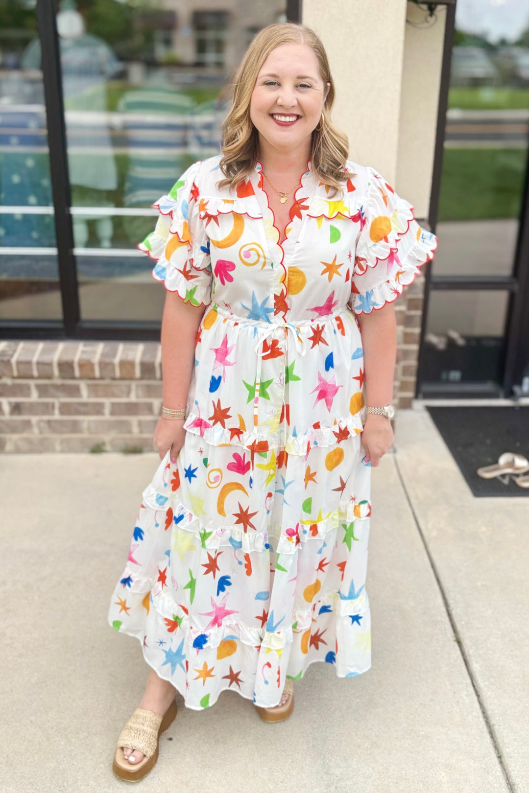 WHITE ABSTRACT PRINT TIE WAIST MIDI DRESS