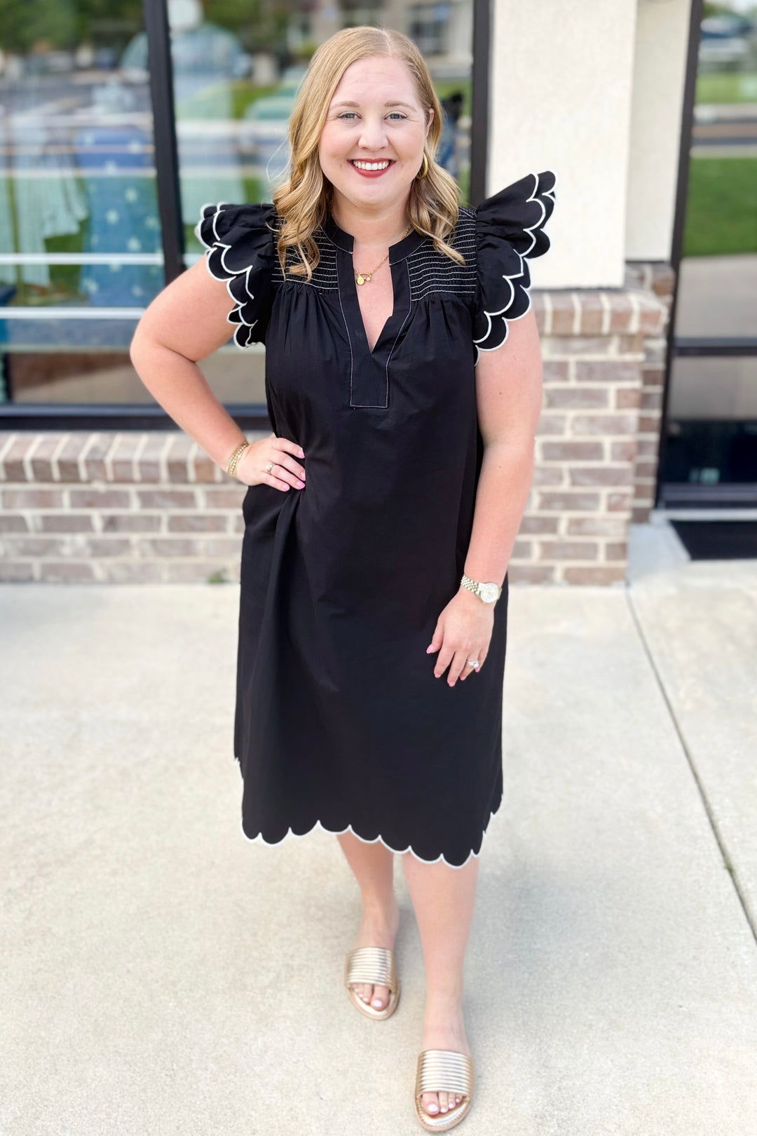 BLACK & WHITE SCALLOP TRIM MIDI DRESS