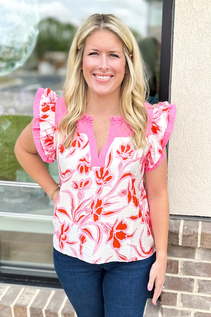 PINK & ORANGE FLORAL FLUTTER SLEEVE TOP