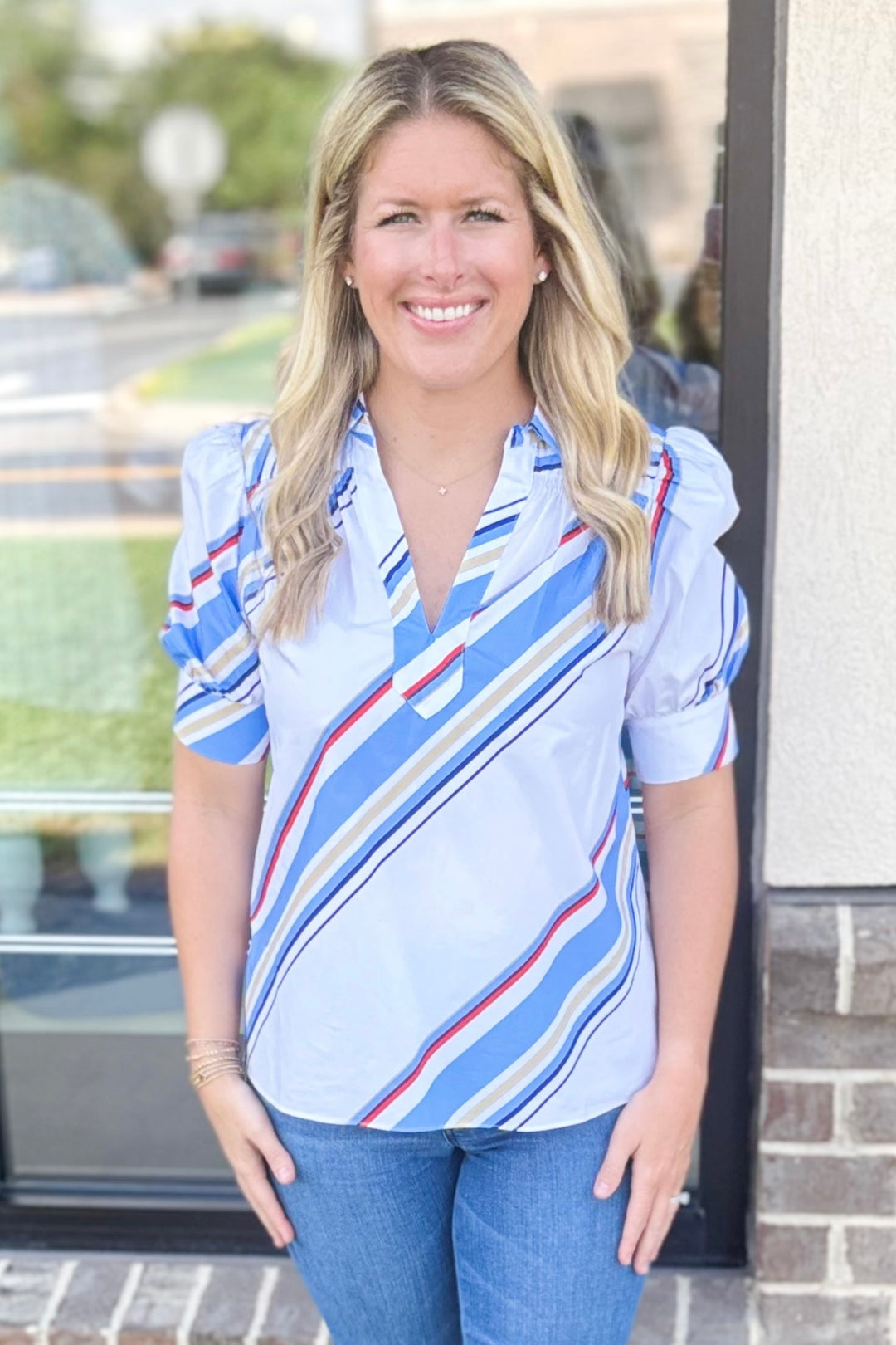 BLUE, RED, WHITE DIAGONAL STRIPE TOP