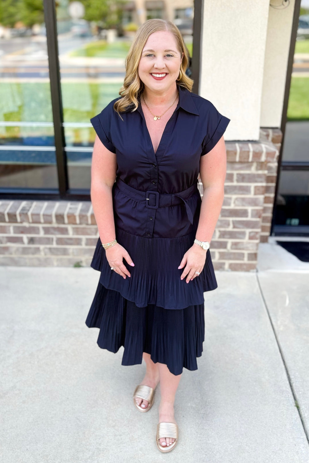 NAVY MICRO PLEATED TIERED MIDI DRESS