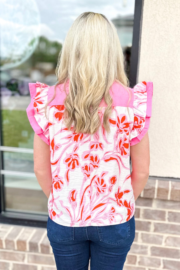PINK & ORANGE FLORAL FLUTTER SLEEVE TOP