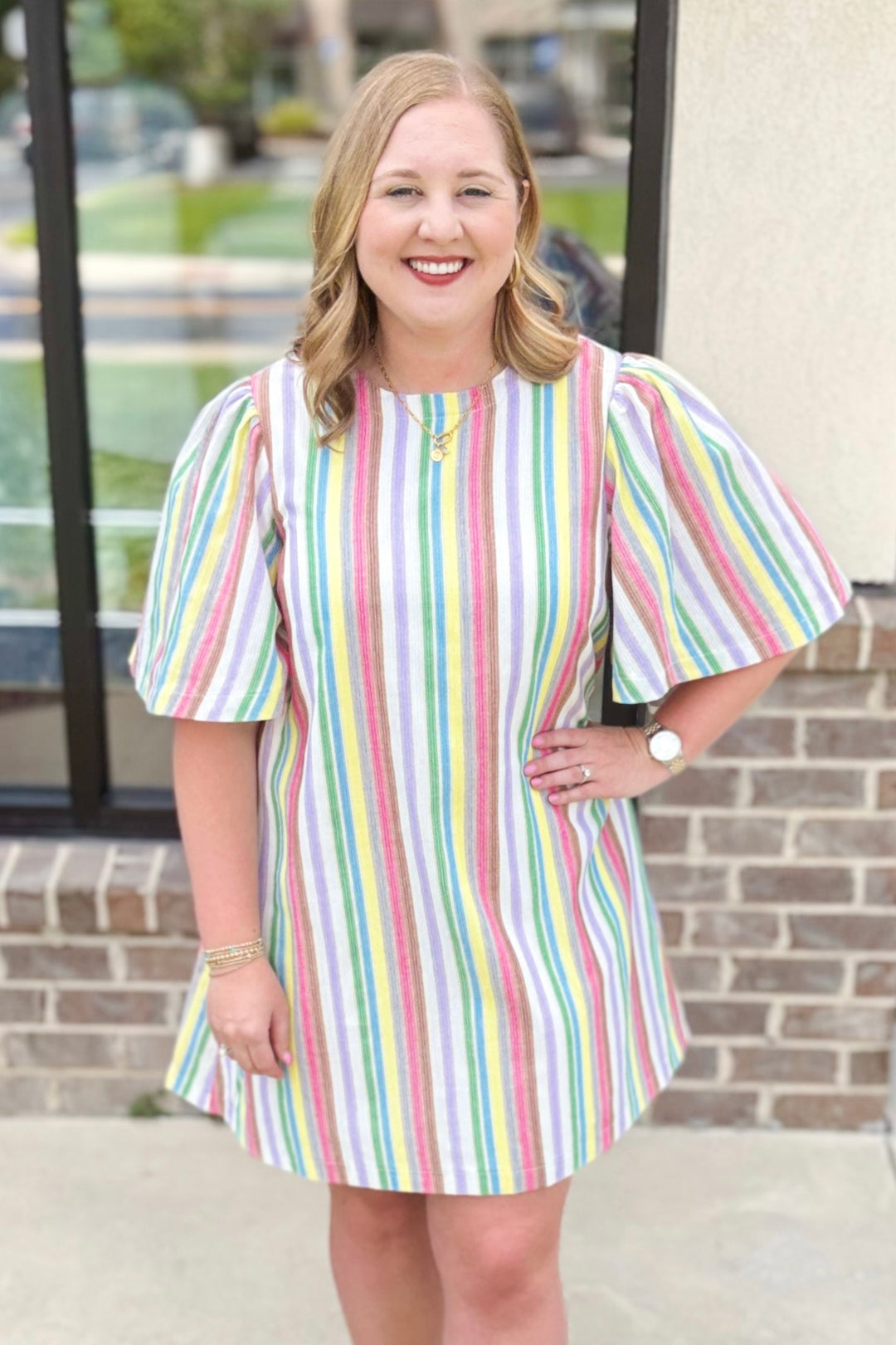 PINK MULTI STRIPE SHORT SLEEVE DRESS