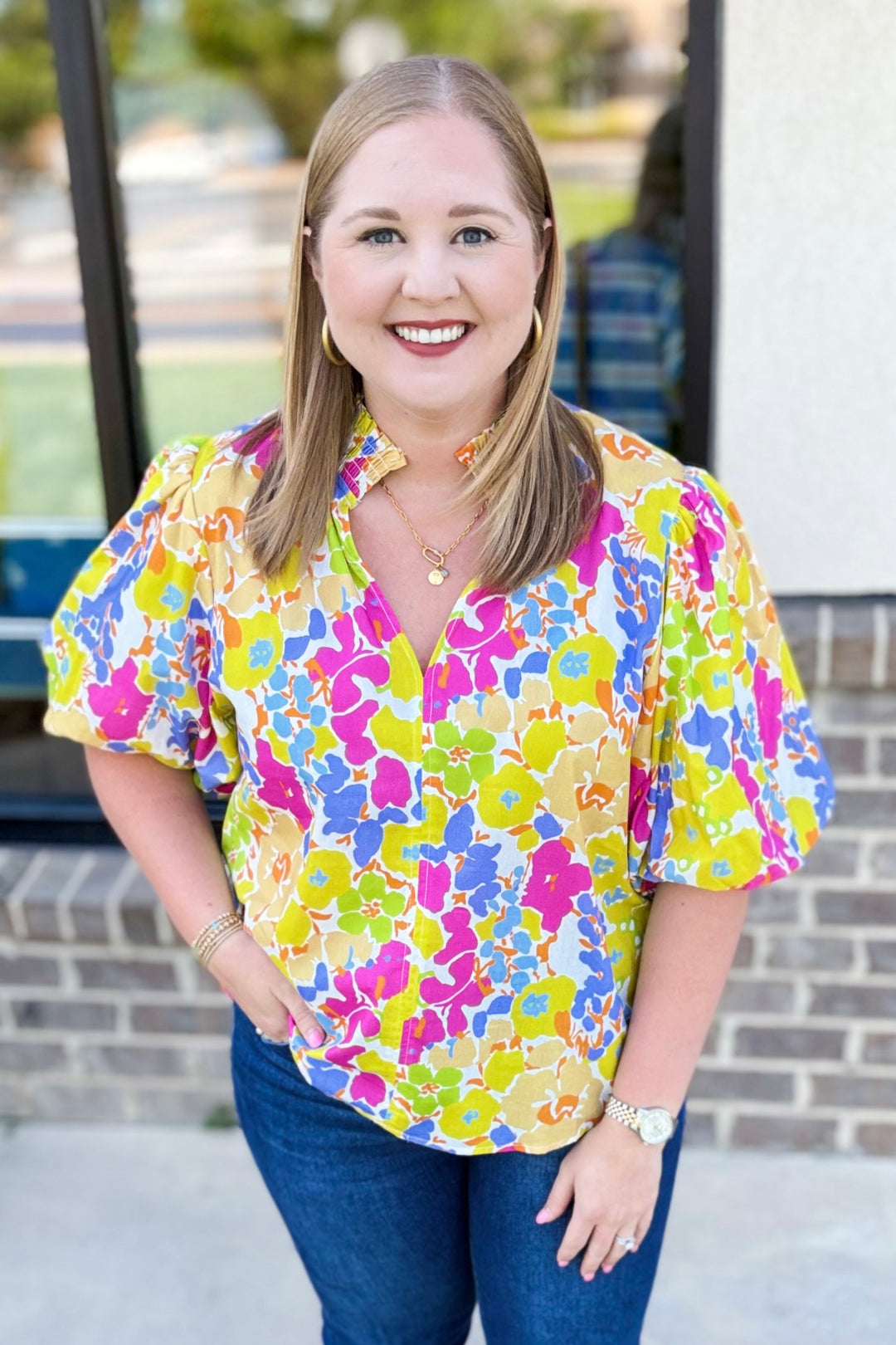 YELLOW MULTI FLORAL PUFF SLEEVE TOP