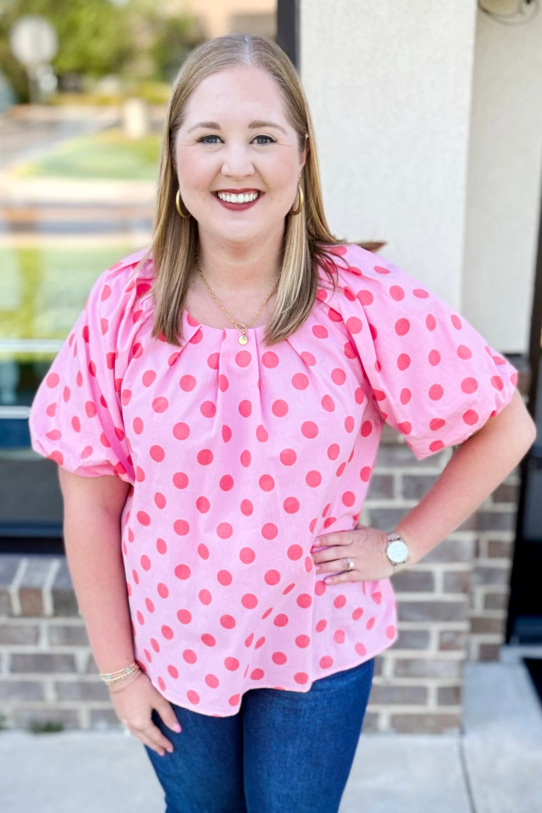 PINK & ORANGE POLKA DOT PUFF SLEEVE TOP
