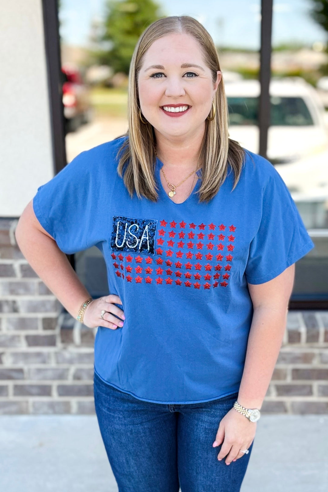 BLUE USA FLAG GLITTER STARS TOP